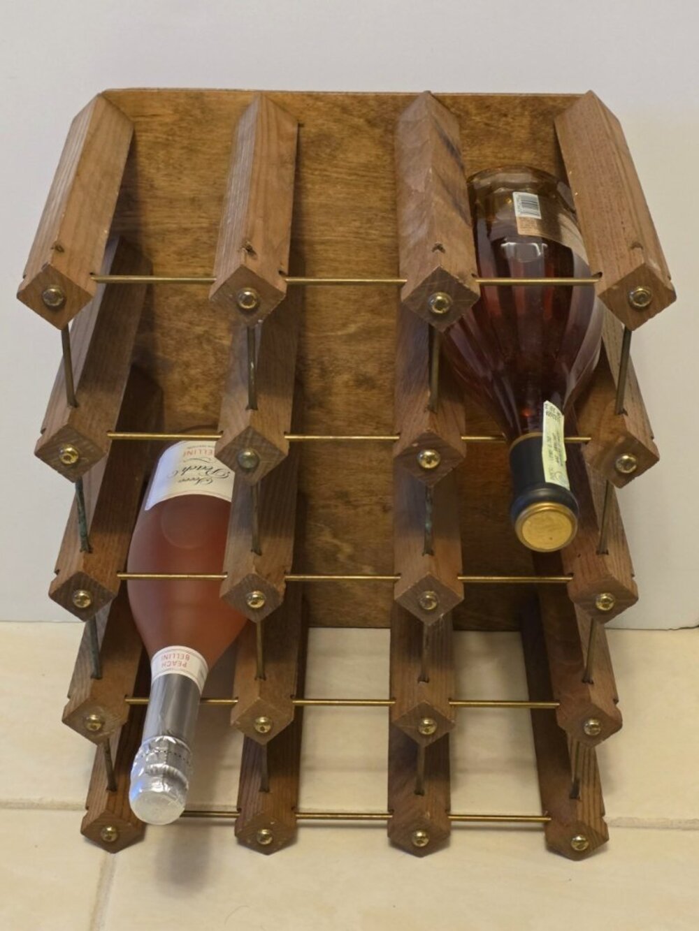 Vintage MCM 12 Bottle Wine Rack Wood And Brass Contemporary Industrial Rustic